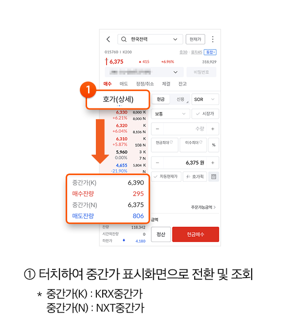 MTS - 1.터치하여 중간가 표시화면으로 전환 및 조회. *중간가(K):KRX중간가, 중간가(N): NXT중간가